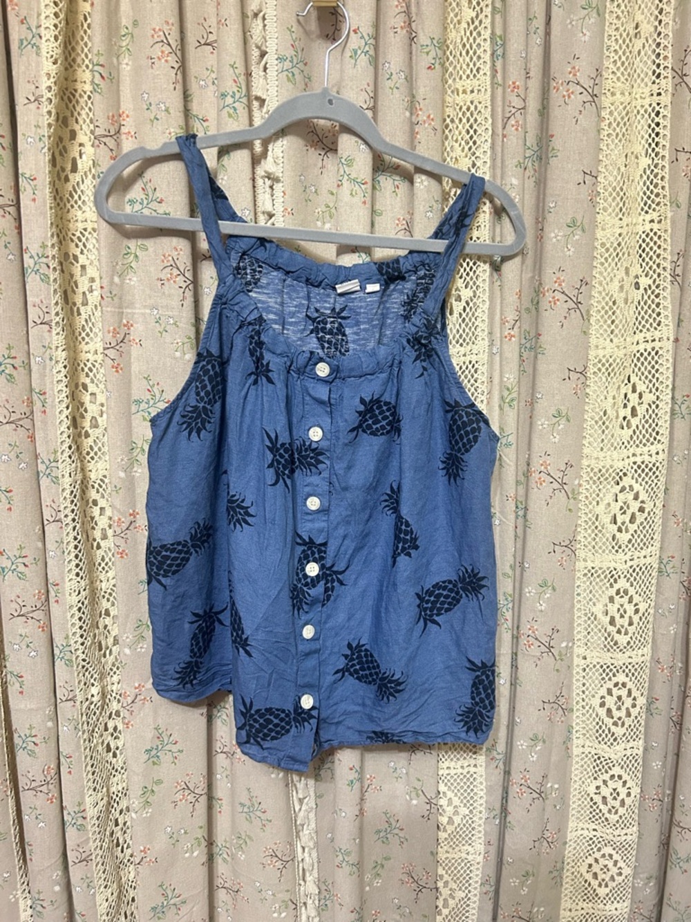 GAP Linen Blend Pineapple Print Button Front‎ Tank Top Blue L
